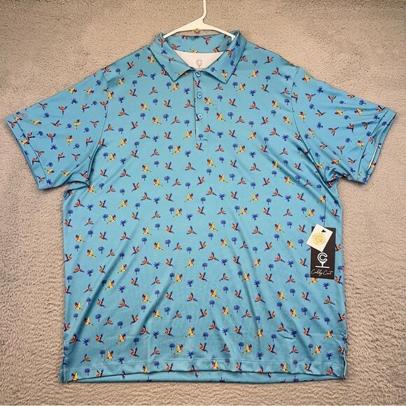 Caddy Cart‎ Golf Polo Mens XL Ocean Blue Macaw Tropical Hawaiian Stretch UPF50 - Picture 1 of 16